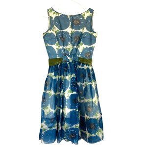 Vintage 1950s Cluny Floral Tea Dress with Velvet Belt Details Womens Size S